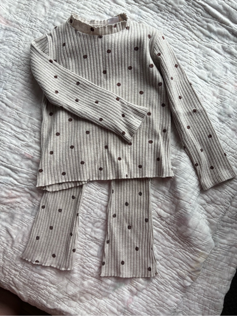 Zara Toddler Girls Ribbed Pajama Set with Brown Polka Dots - Cream
